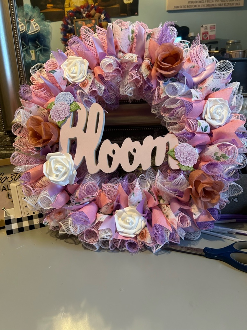 Hand Crafted Bloom Spring Floral Wreath in Pink, Purple, White, Brown